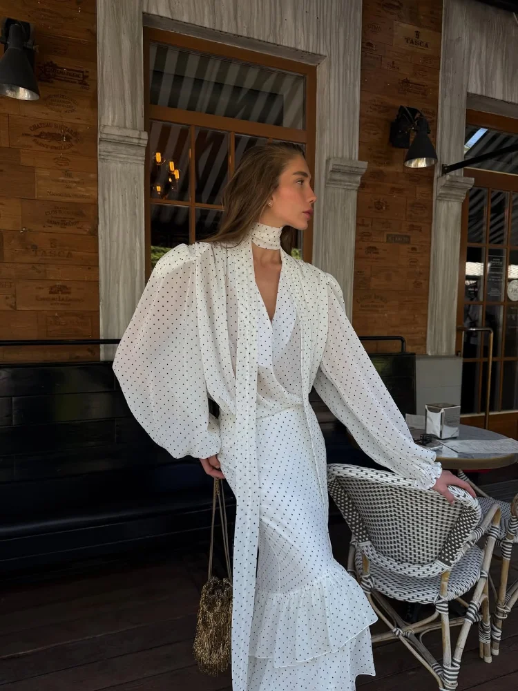 Women White Polka Dot 2 Piece Set Wrap Chiffon Puff Long Sleeve V Neck Top High Waist Tiered Ruffle Skirt Suit Summer Outfits
Women White Polka Dot 2 Piece Set Wrap Chiffon Puff Long Sleeve V Neck Top High Waist Tiered Ruffle Skirt Suit Summer Outfits