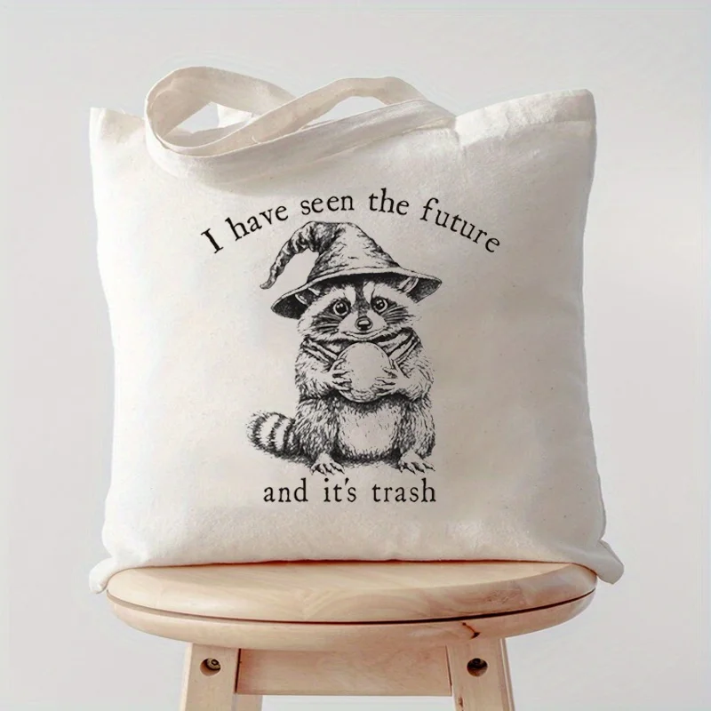 Unisex fun raccoon print canvas tote bag, neutral shoulder bag, printed with "I've Seen the Future", no closure machine washable
Unisex fun raccoon print canvas tote bag, neutral shoulder bag, printed with "I've Seen the Future", no closure machine washable