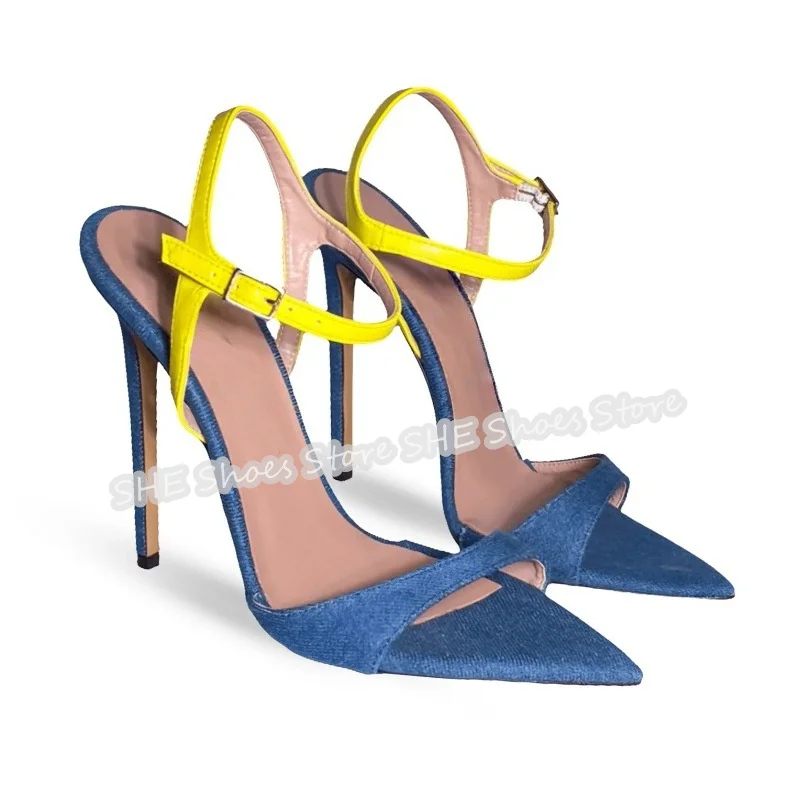 Sexy Pointed Toe High Heel Denim Women Sandals Mixed Color Narrow Band Stiletto Buckle Strap Pumps Ladies Party Dress Shoes
Sexy Pointed Toe High Heel Denim Women Sandals Mixed Color Narrow Band Stiletto Buckle Strap Pumps Ladies Party Dress Shoes