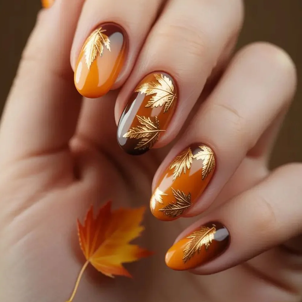 24pcs Golden Brown Gradient Press-On Nails with Gold Maple Leaves, Vintage Autumn Style, Medium Oval Shape, Assorted Sizes
24pcs Golden Brown Gradient Press-On Nails with Gold Maple Leaves, Vintage Autumn Style, Medium Oval Shape, Assorted Sizes