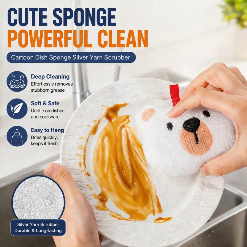 Cute Bear Embroidery Cartoon Dishwashing Sponge Hanging Design Silver Wire Scouring Cloth Kitchen Pot Bowl Cleaning Tool
Cute Bear Embroidery Cartoon Dishwashing Sponge Hanging Design Silver Wire Scouring Cloth Kitchen Pot Bowl Cleaning Tool