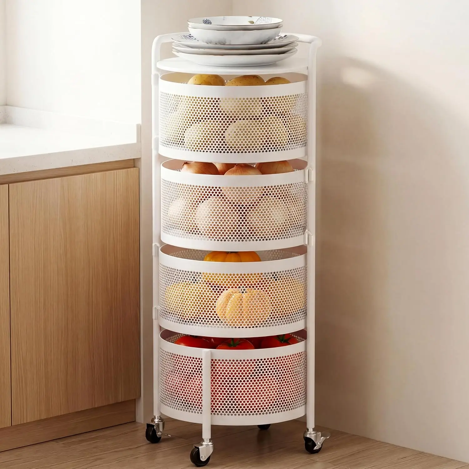 No Assembly Kitchen Storage Cart with Wheels, 4-Tier Rotating Onion & Potato Storage Organizer, Metal Produce Rack for Vegetable
No Assembly Kitchen Storage Cart with Wheels, 4-Tier Rotating Onion & Potato Storage Organizer, Metal Produce Rack for Vegetable