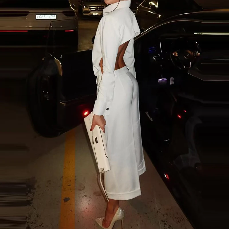 2025 Spring Long Sleeved Straight Suit Sexy Backless Temperament Outfits Ladies Lapel Button Shirt + Long Pants Two Piece Sets
2025 Spring Long Sleeved Straight Suit Sexy Backless Temperament Outfits Ladies Lapel Button Shirt + Long Pants Two Piece Sets