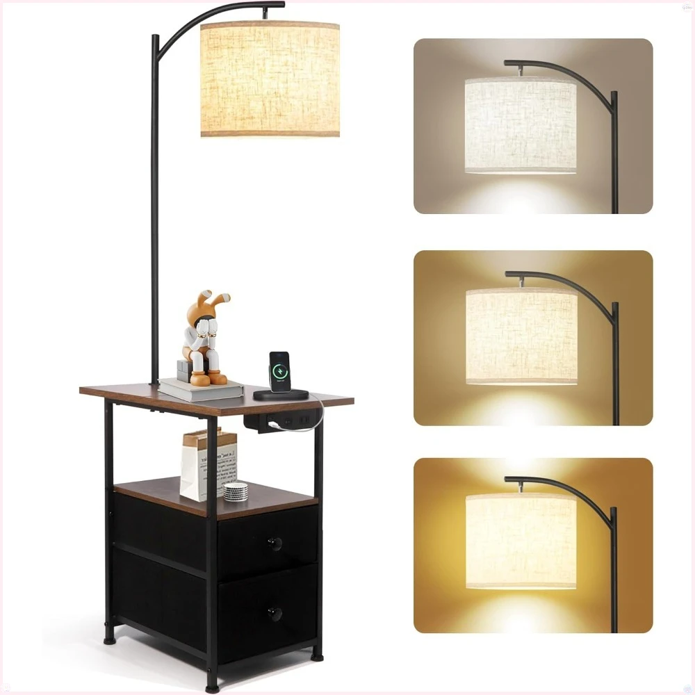 Floor lamp with table and two drawers, 3 color temperature reading light, bedside table with USB, Type-C and AC charging ports.
Floor lamp with table and two drawers, 3 color temperature reading light, bedside table with USB, Type-C and AC charging ports.