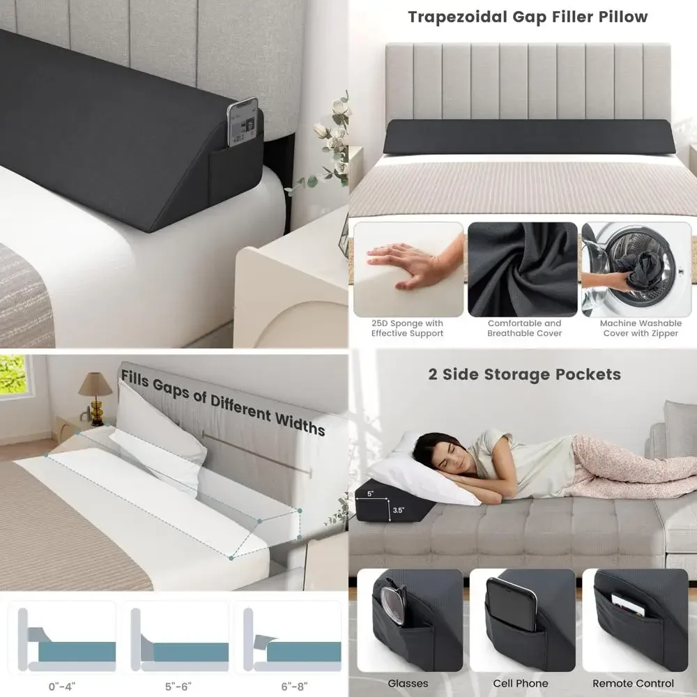 Queen Size Bed Wedge Pillow for Headboard and Mattress Gap Support with Dual Side Pockets and Trapezoidal Design
Queen Size Bed Wedge Pillow for Headboard and Mattress Gap Support with Dual Side Pockets and Trapezoidal Design