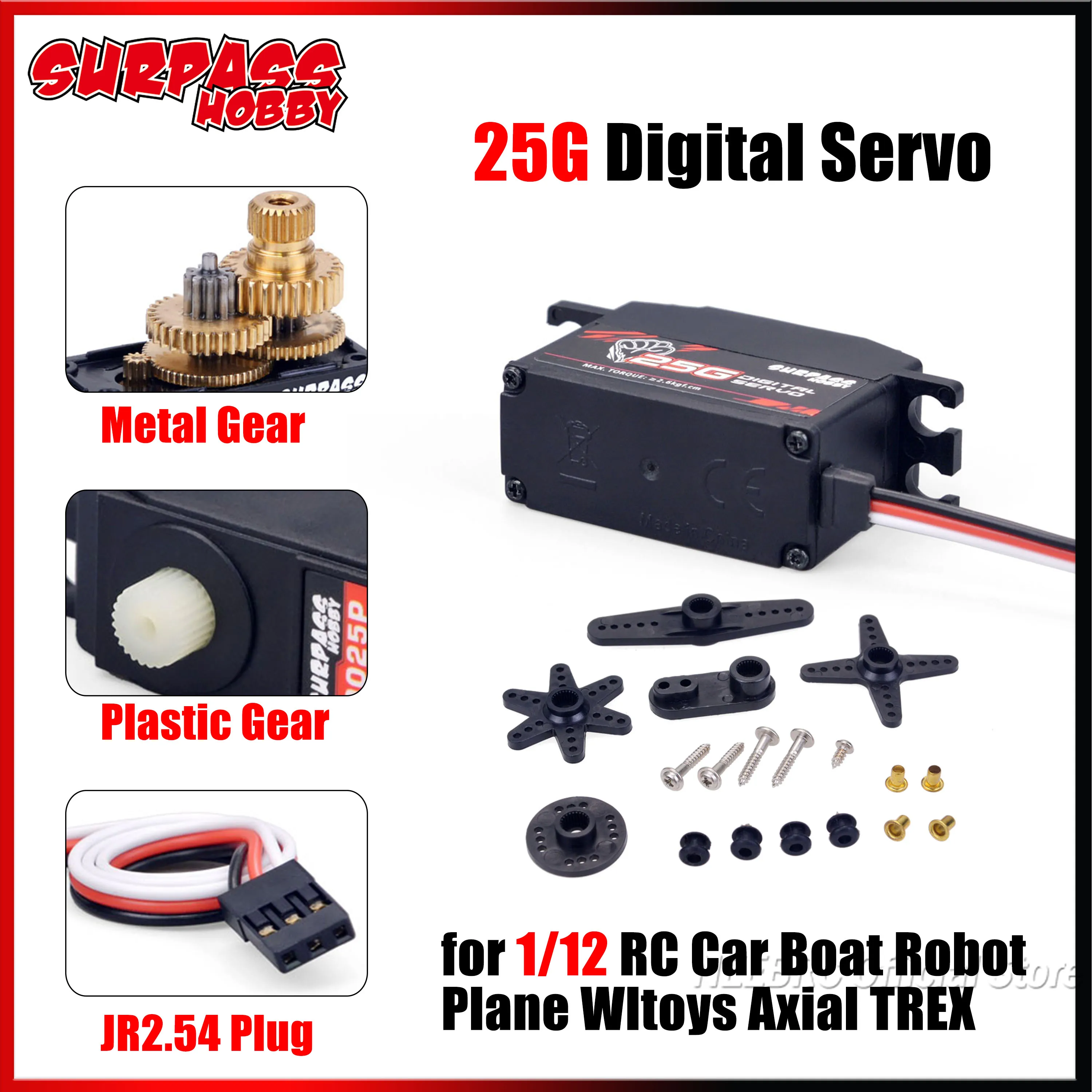 SURPASS HOBBY 25G Digital Metal/Plastic Gear Servo 4.8V ~ 6VDC for 1/12 RC Car Truck Boat Robot Plane Wltoys Axial TREX Vehicles
SURPASS HOBBY 25G Digital Metal/Plastic Gear Servo 4.8V ~ 6VDC for 1/12 RC Car Truck Boat Robot Plane Wltoys Axial TREX Vehicles