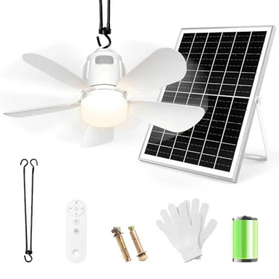 Outdoor ceiling fan light for patios, gazebos, sheds, RVs, porches and chicken coops; ABS plastic; white; solar-powered 30W fan
Outdoor ceiling fan light for patios, gazebos, sheds, RVs, porches and chicken coops; ABS plastic; white; solar-powered 30W fan
