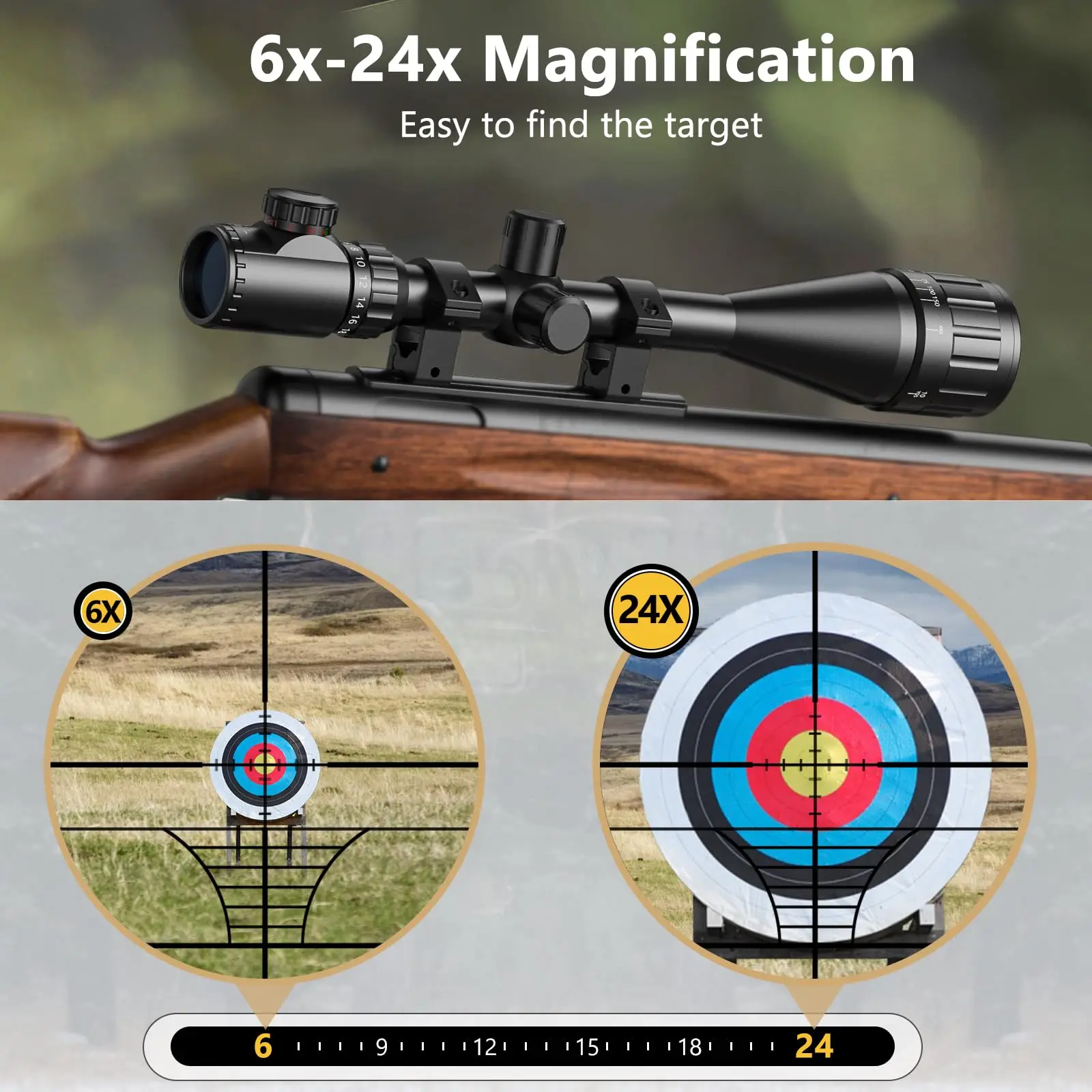 CVLIFE 6-24x50 AO Rifle Scope for Hunting Red Green Illuminated Reticle Long Range 1" Tube RifleScope for 11mm Dovetail Rail
CVLIFE 6-24x50 AO Rifle Scope for Hunting Red Green Illuminated Reticle Long Range 1" Tube RifleScope for 11mm Dovetail Rail