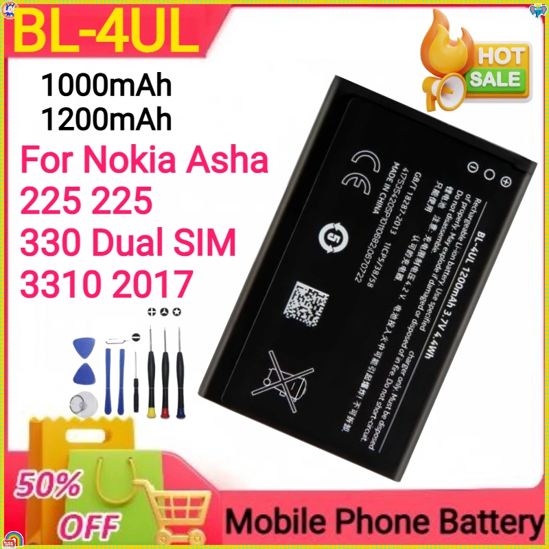 1000mAh 1200mAh BL-4UL Battery for Nokia Asha 225 225 330 Dual/3310 2017 Li-Polymer Mobile Phone Batteries+tools
1000mAh 1200mAh BL-4UL Battery for Nokia Asha 225 225 330 Dual/3310 2017 Li-Polymer Mobile Phone Batteries+tools