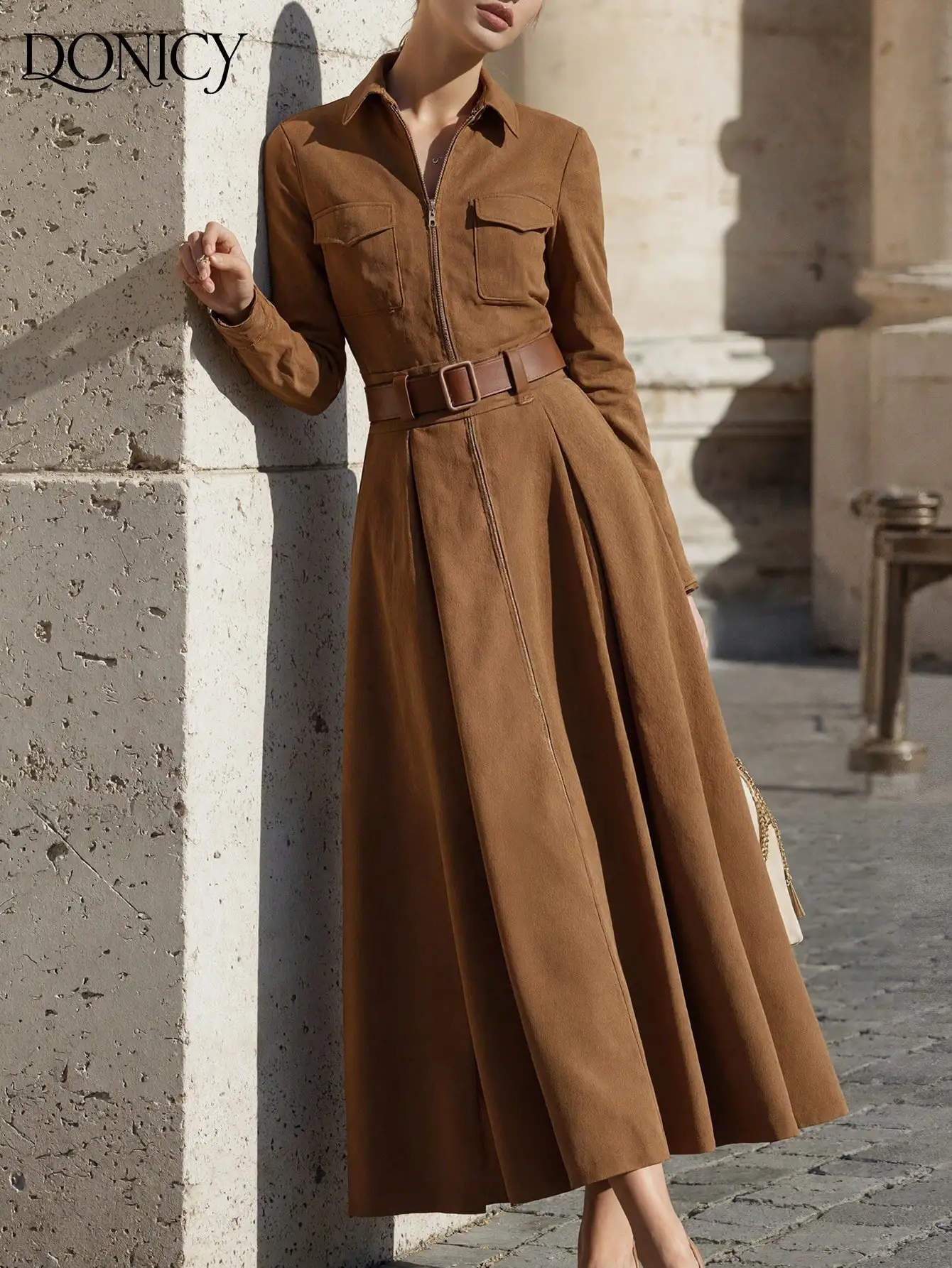 Elegant Women's Long Sleeve Lapel Dress with Belt, Retro Chic Style for Casual or Office Wear
Elegant Women's Long Sleeve Lapel Dress with Belt, Retro Chic Style for Casual or Office Wear