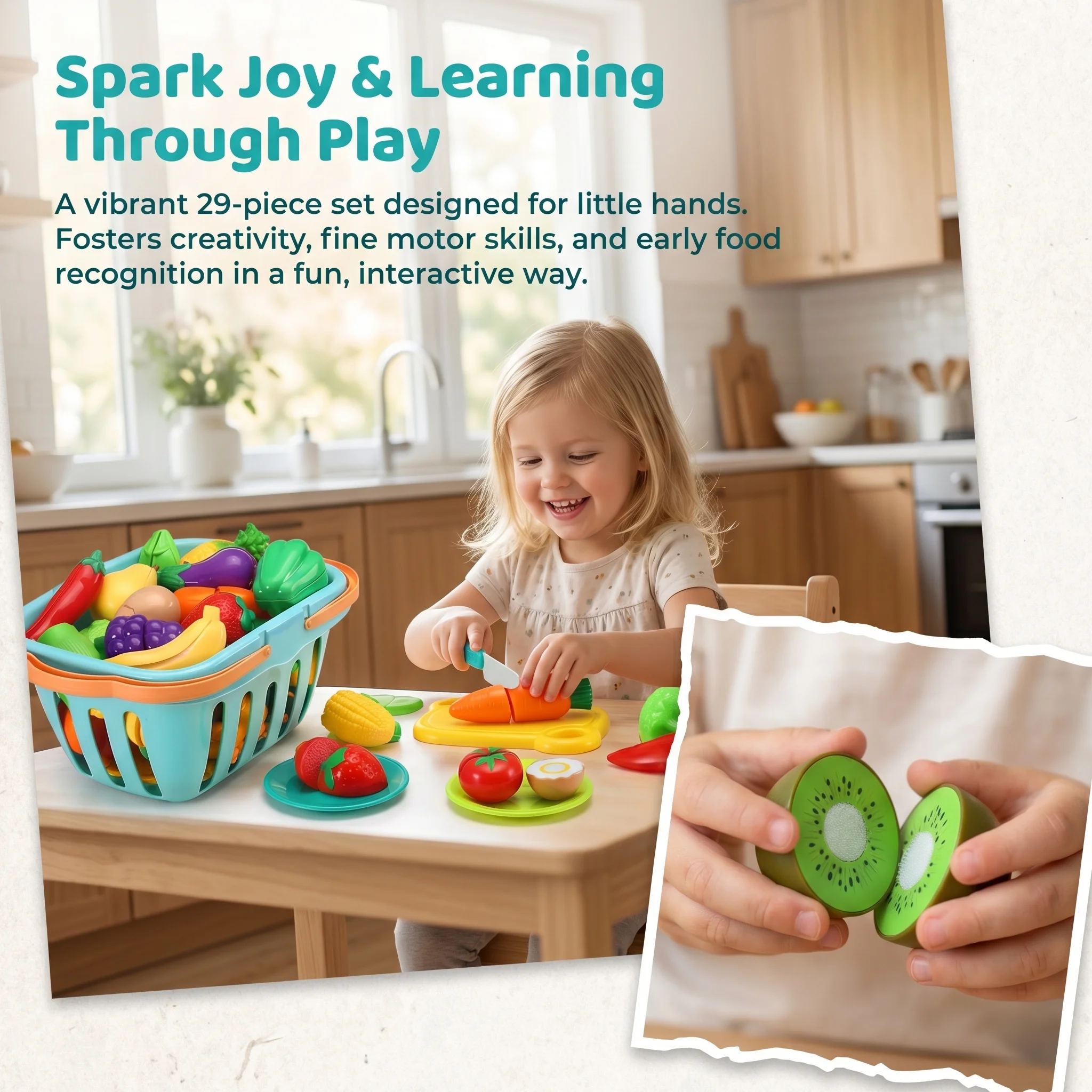 Kids Kitchen Pretend Play Food Toy Set with Cutting Features Fruit & Vegetable Accessories Storage Basket & Plastic Mini Dishes
Kids Kitchen Pretend Play Food Toy Set with Cutting Features Fruit & Vegetable Accessories Storage Basket & Plastic Mini Dishes