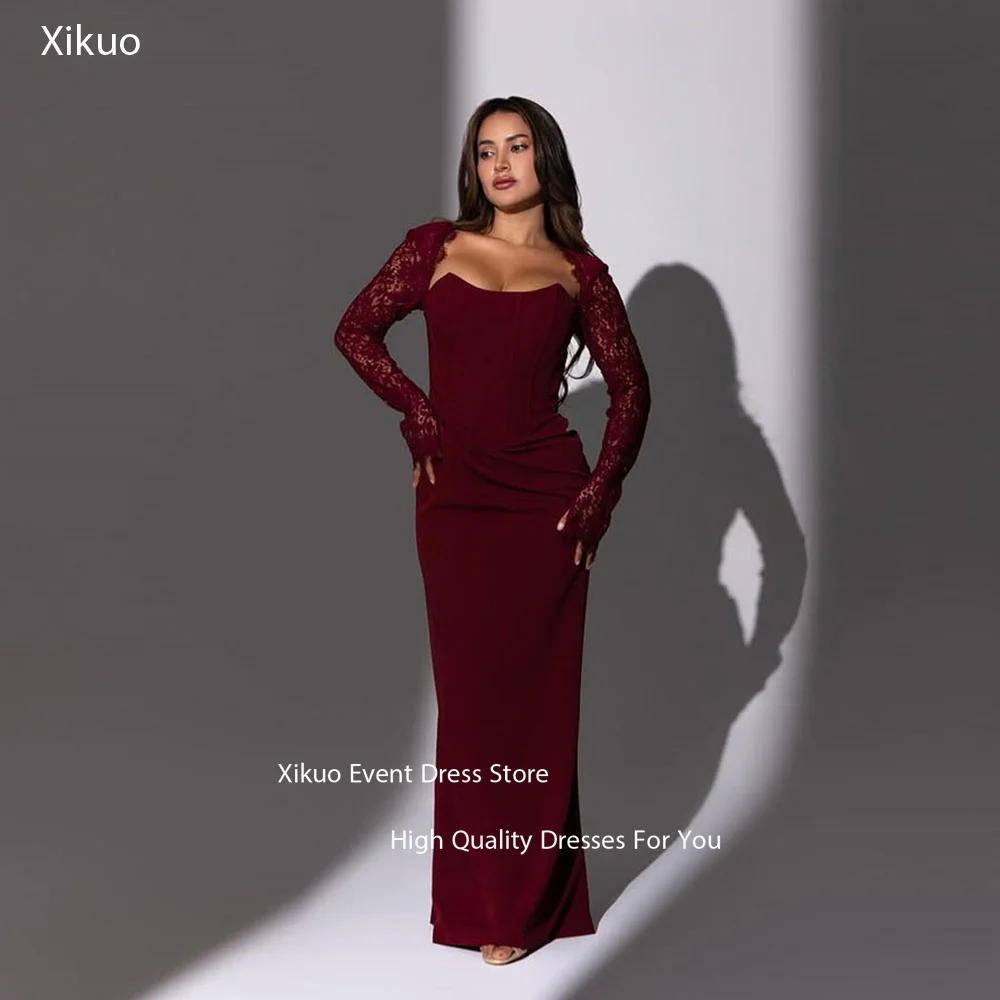 Xikuo Long Appliques Lace Sleeves Evening Dresses Burgundy Straight Robe Cocktail Femmes Satin Chic Robes De Soirée Customized
Xikuo Long Appliques Lace Sleeves Evening Dresses Burgundy Straight Robe Cocktail Femmes Satin Chic Robes De Soirée Customized