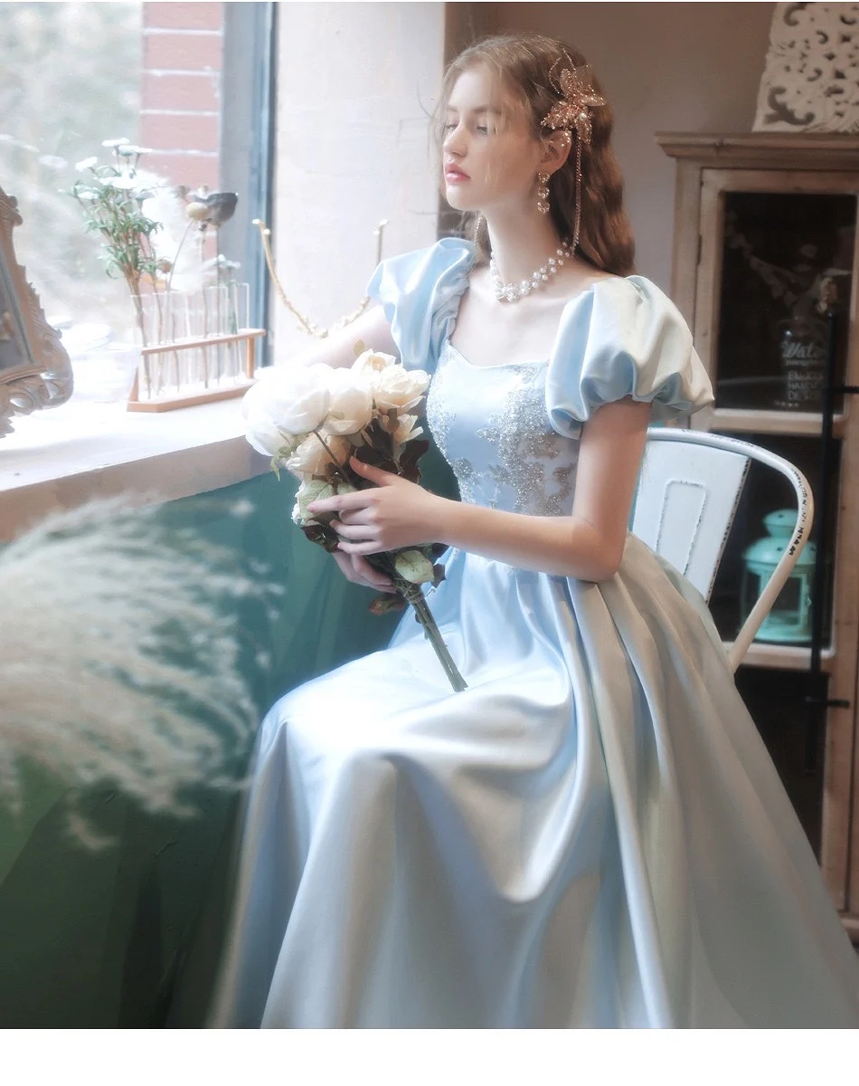 Elegant Blue Cocktail Dresses Square Neck Puff Sleeves Satin Appliques A-Line Long Formal Evening Banquets Party Prom Gowns 2022
Elegant Blue Cocktail Dresses Square Neck Puff Sleeves Satin Appliques A-Line Long Formal Evening Banquets Party Prom Gowns 2022