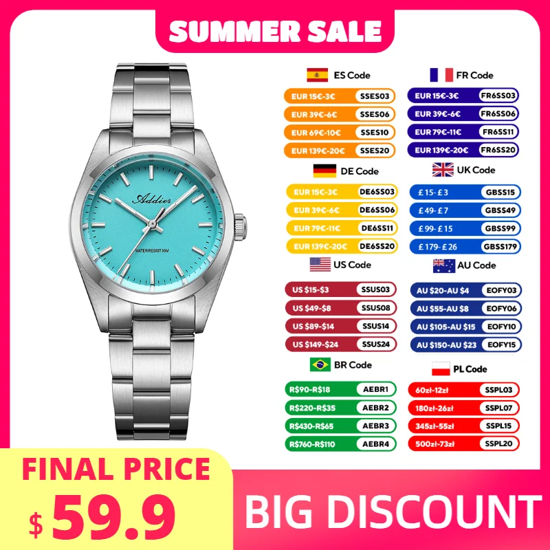 ADDIES Luxury Quartz Watch for Women 50m Waterproof Stainless Steel Sapphire Glass BGW9 Luminous Fashion Ladies Watches AW25903
ADDIES Luxury Quartz Watch for Women 50m Waterproof Stainless Steel Sapphire Glass BGW9 Luminous Fashion Ladies Watches AW25903