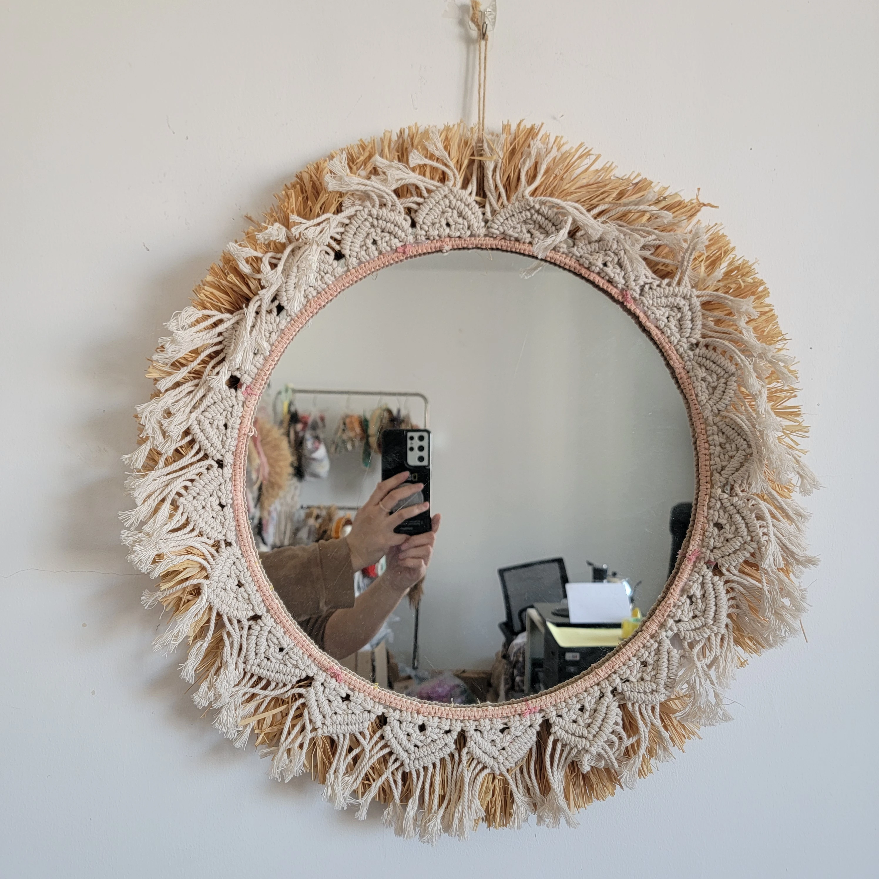 MACRAME MIRROR HANDWORK RAFFIA+COTTON YARNS decorative mirror KID ROOM DECORATION
MACRAME MIRROR HANDWORK RAFFIA+COTTON YARNS decorative mirror KID ROOM DECORATION