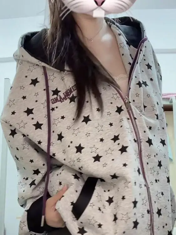 Hooded Zipper Sweatshirt Cardigan Women's Thin Oversize Design Star Print Spring Autumn Outerwear American Style
Hooded Zipper Sweatshirt Cardigan Women's Thin Oversize Design Star Print Spring Autumn Outerwear American Style