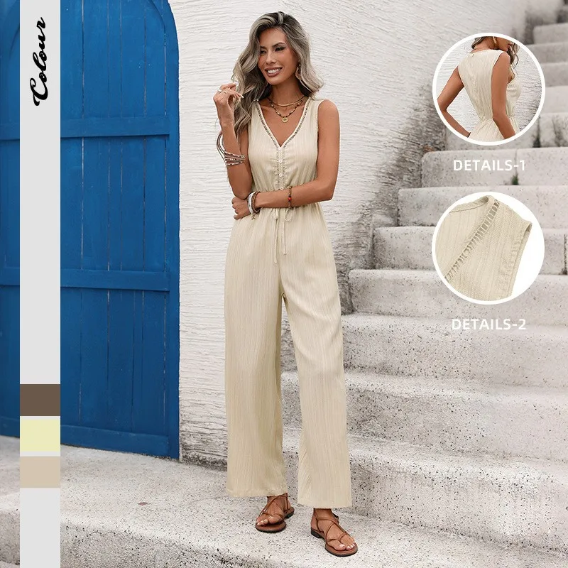 Women's Summer Jumpsuit V Neck Sleeveless High Waist Wide Leg Pants Beige Romper Button Front Drawstring Waist Casual Vacation
Women's Summer Jumpsuit V Neck Sleeveless High Waist Wide Leg Pants Beige Romper Button Front Drawstring Waist Casual Vacation