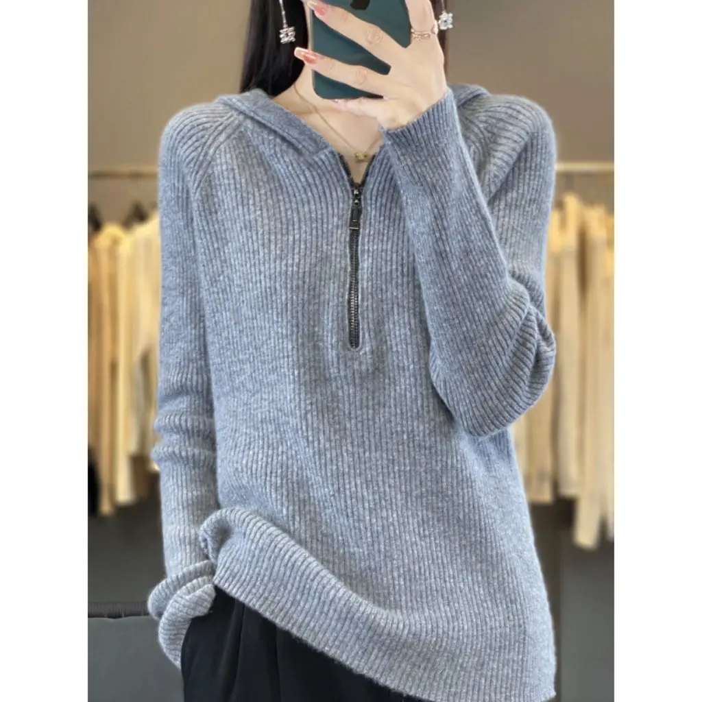 100% Pure Wool Zipper Half Open Collar Knitted Hat Sweater Women's Autumn Winter New Style Hooded Cashmere Knitwear Sweatshirt
100% Pure Wool Zipper Half Open Collar Knitted Hat Sweater Women's Autumn Winter New Style Hooded Cashmere Knitwear Sweatshirt