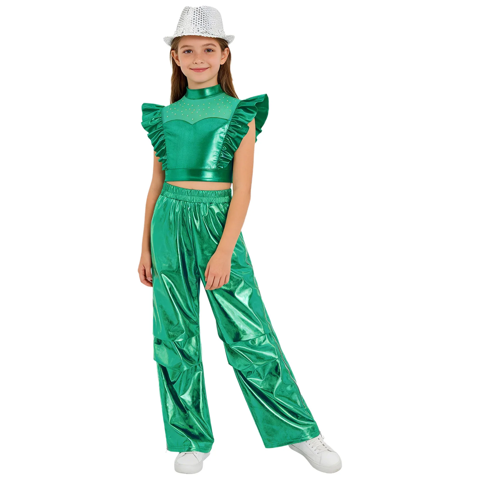 Kids Girls Metallic Jazz Dance Outfit Rhinestone Mesh Crop Tank Top with Zipper Cargo Pants Sequins Hat for Hip Hop Street Dance
Kids Girls Metallic Jazz Dance Outfit Rhinestone Mesh Crop Tank Top with Zipper Cargo Pants Sequins Hat for Hip Hop Street Dance