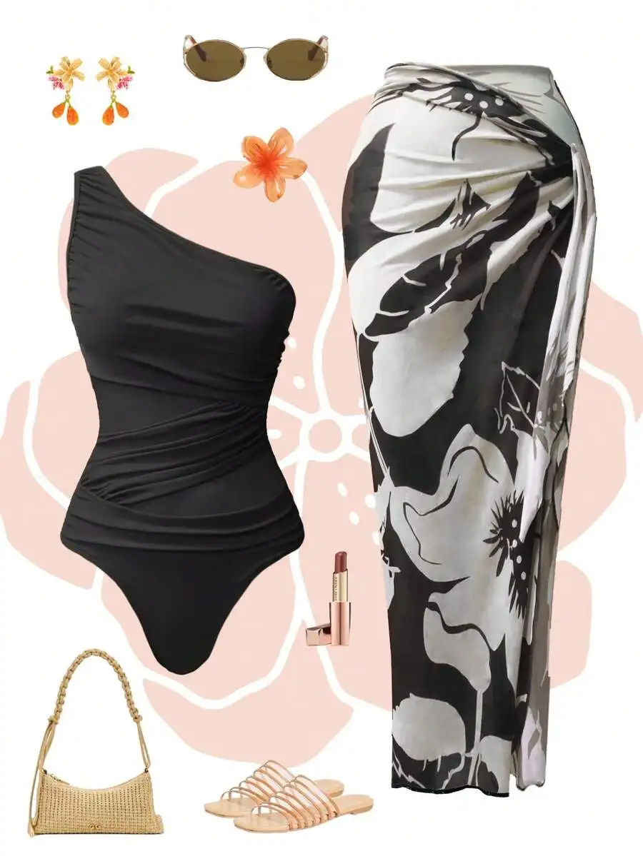 Women One-Piece Ruched Monokini With Printed Sarong Cover Up
Women One-Piece Ruched Monokini With Printed Sarong Cover Up
