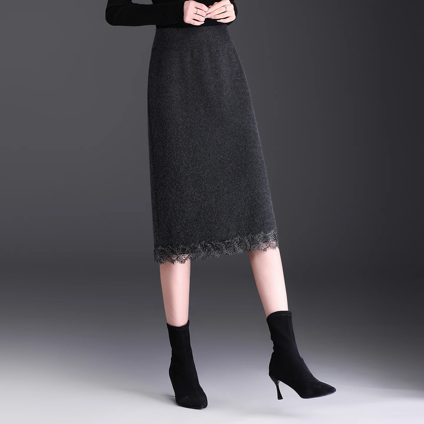 High Waist Knitted Lace Trim Skirt Korean Sle Polyester Fiber Micro Stretch No Slits Elastic Waist Straight Cut Skirt
High Waist Knitted Lace Trim Skirt Korean Sle Polyester Fiber Micro Stretch No Slits Elastic Waist Straight Cut Skirt