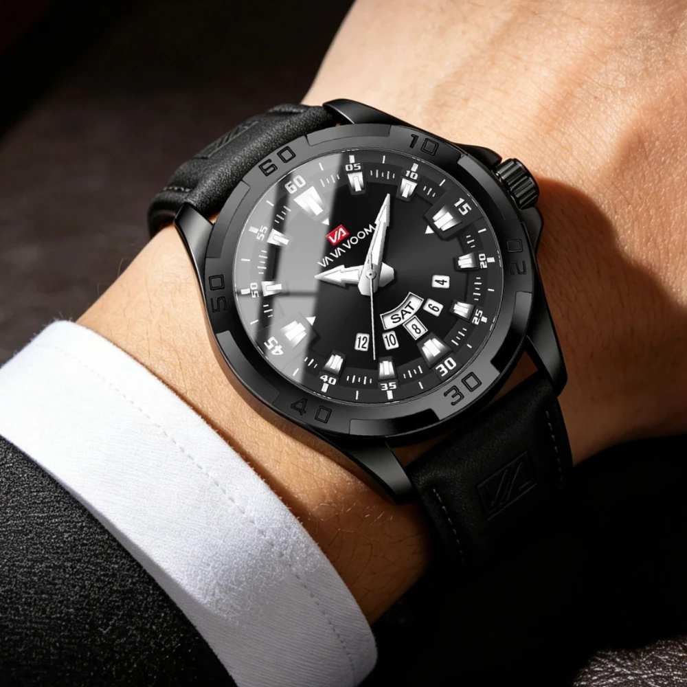 VA VA VOOM Black Classic Business Case Quartz Watch Men Steel Watch Leather Strap Timing Sunday Date Enlarged Men's AAA Watches
VA VA VOOM Black Classic Business Case Quartz Watch Men Steel Watch Leather Strap Timing Sunday Date Enlarged Men's AAA Watches