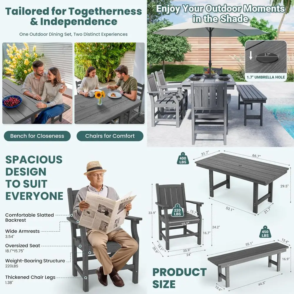 Серый комплект для уличной обеденной зоны: 6 предметов (стол из HDPE, 4 стула и 1 скамья), имитация дерева, всепогодный, с отверстием для зонта
Серый комплект для уличной обеденной зоны: 6 предметов (стол из HDPE, 4 стула и 1 скамья), имитация дерева, всепогодный, с отверстием для зонта