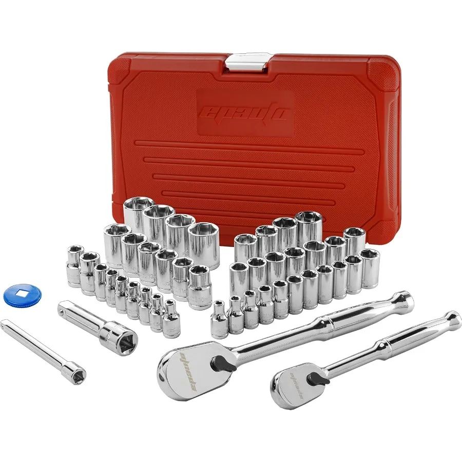 EPAuto 46 Pieces 1 4-Inch and 3 8-Inch Drive Socket Set with 90 Tooth Reversible Ratchet
EPAuto 46 Pieces 1 4-Inch and 3 8-Inch Drive Socket Set with 90 Tooth Reversible Ratchet