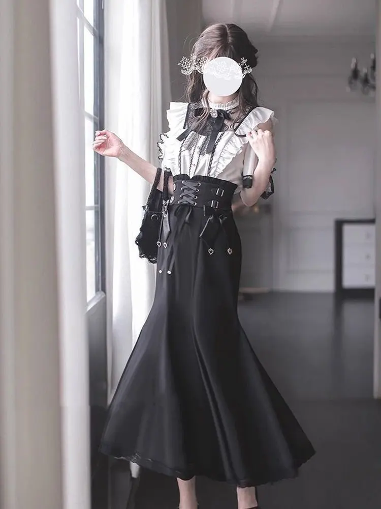 Black White Lace Shoulder Bared Hemmed Shirt High Waist Half Skirt Fish Tail Girl Two Piece Set Japanese Style Knot
Black White Lace Shoulder Bared Hemmed Shirt High Waist Half Skirt Fish Tail Girl Two Piece Set Japanese Style Knot