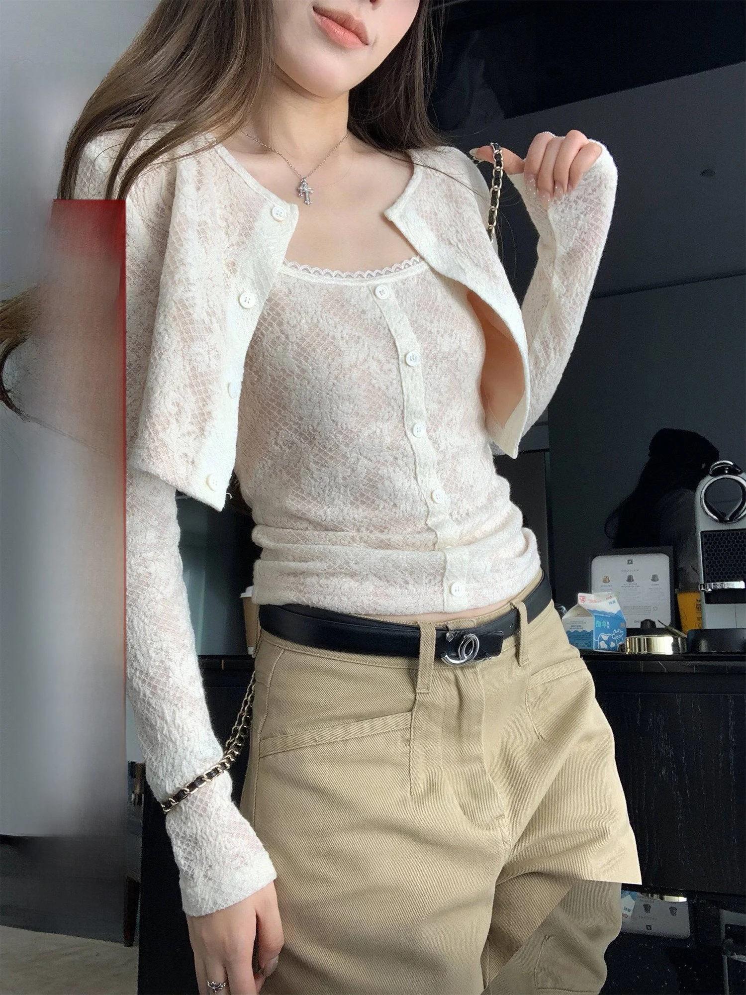 Hhyii Lace Knitted Set Women's Short Cardigan Slim Fit Vest Two-Piece Spring Casual Style Long Sleeve round Neck Floral Pattern
Hhyii Lace Knitted Set Women's Short Cardigan Slim Fit Vest Two-Piece Spring Casual Style Long Sleeve round Neck Floral Pattern