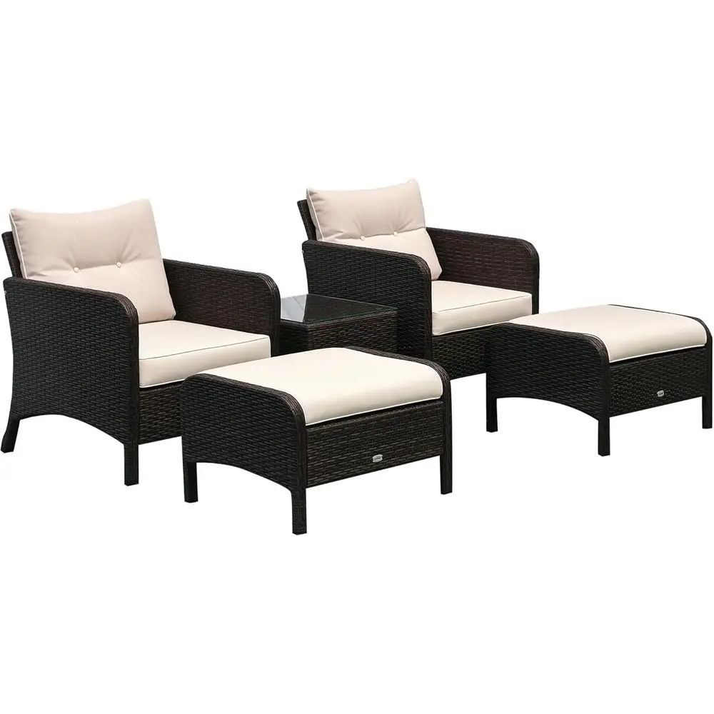 5-Piece Rattan Outdoor Lounge Set with Cushioned Chairs, Ottomans, and Glass Top Coffee Table, Brown/Beige
5-Piece Rattan Outdoor Lounge Set with Cushioned Chairs, Ottomans, and Glass Top Coffee Table, Brown/Beige