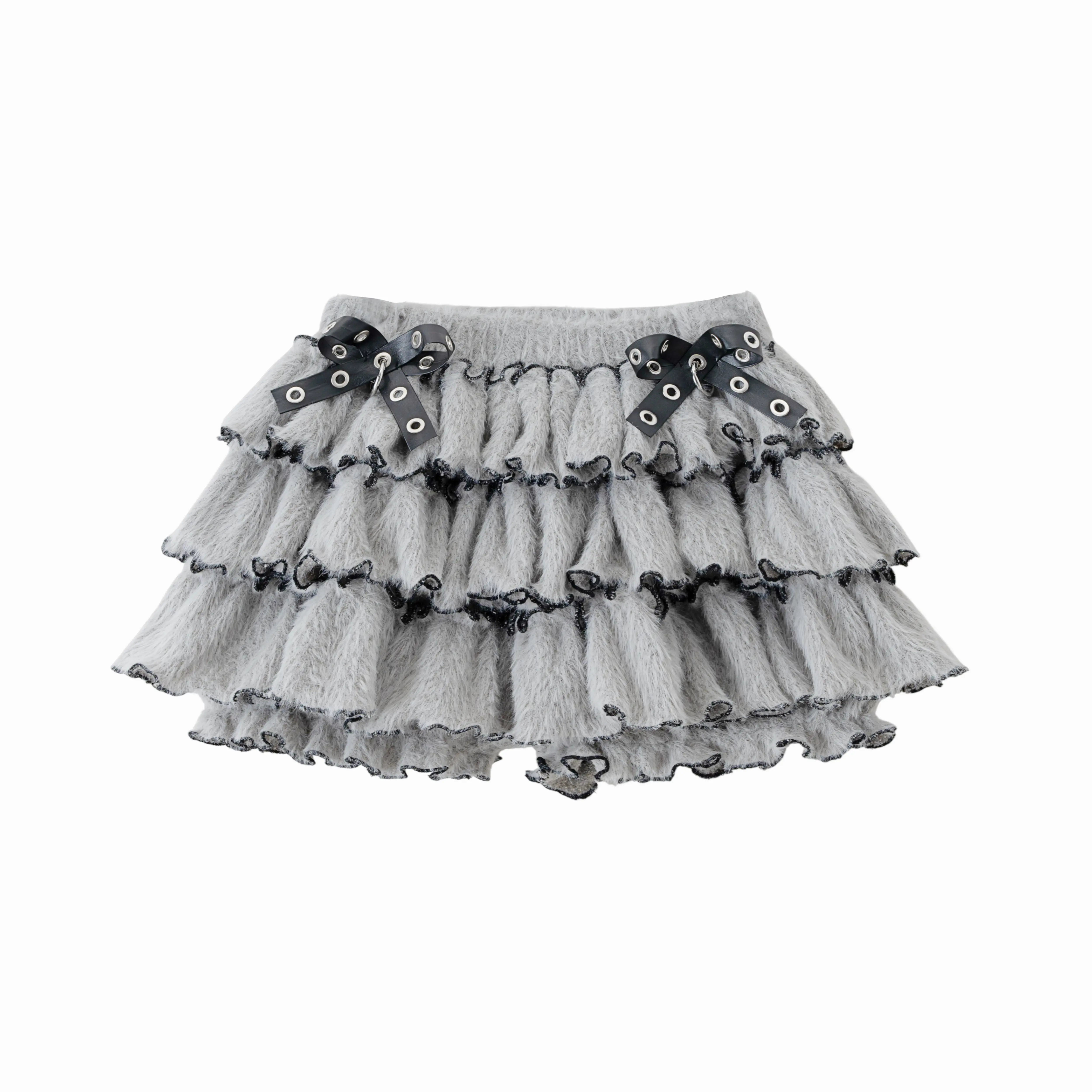 Women Kawaii Gray Fuzzy Knit Tiered Mini Skirt With Black Bow & Eyelet Details Elastic Waist Cake Layered Lolita Skort
Women Kawaii Gray Fuzzy Knit Tiered Mini Skirt With Black Bow & Eyelet Details Elastic Waist Cake Layered Lolita Skort