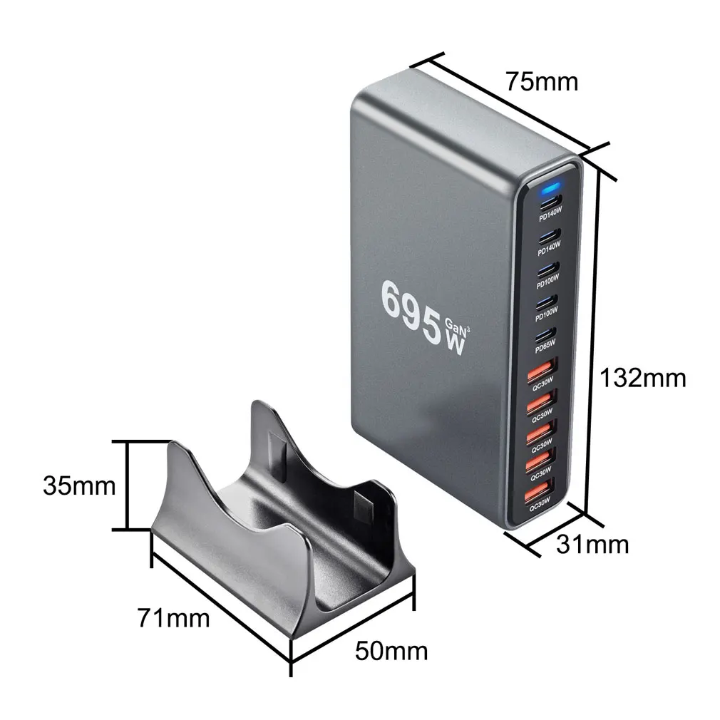 Universal 10-Port Portable and Convenient 695W USB Dual 140W PD3.1 GaN Fast Charger Station for Mobile and Tablets Dropshipping
Universal 10-Port Portable and Convenient 695W USB Dual 140W PD3.1 GaN Fast Charger Station for Mobile and Tablets Dropshipping