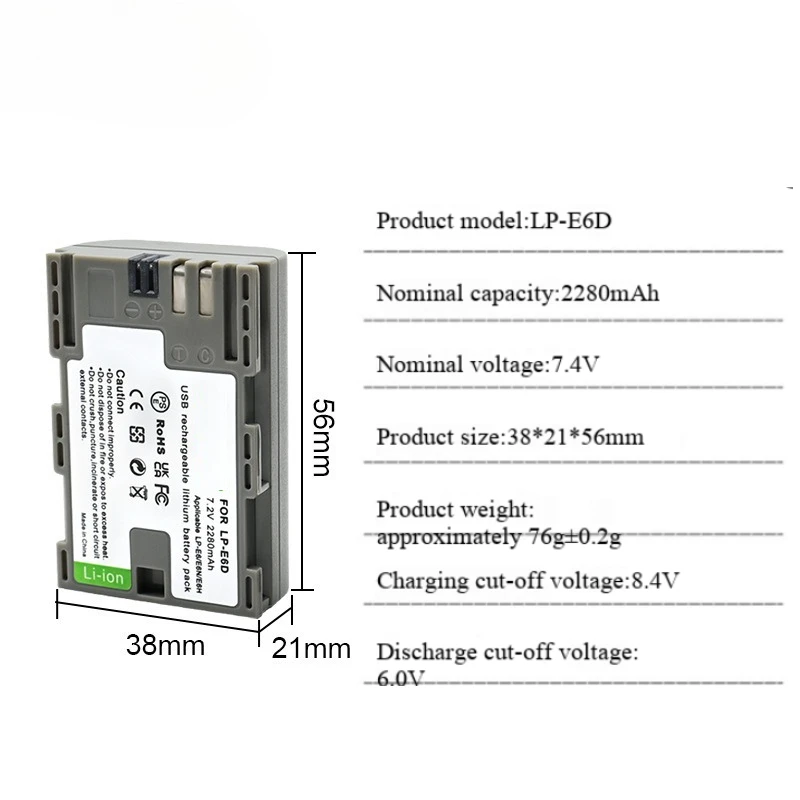 LP-E6D Battery 2280mAh with Type-C Charging Port Full Decode for Canon 5D4 5D2 5D3 6D 80D 70D EOS DSLR Camera
LP-E6D Battery 2280mAh with Type-C Charging Port Full Decode for Canon 5D4 5D2 5D3 6D 80D 70D EOS DSLR Camera