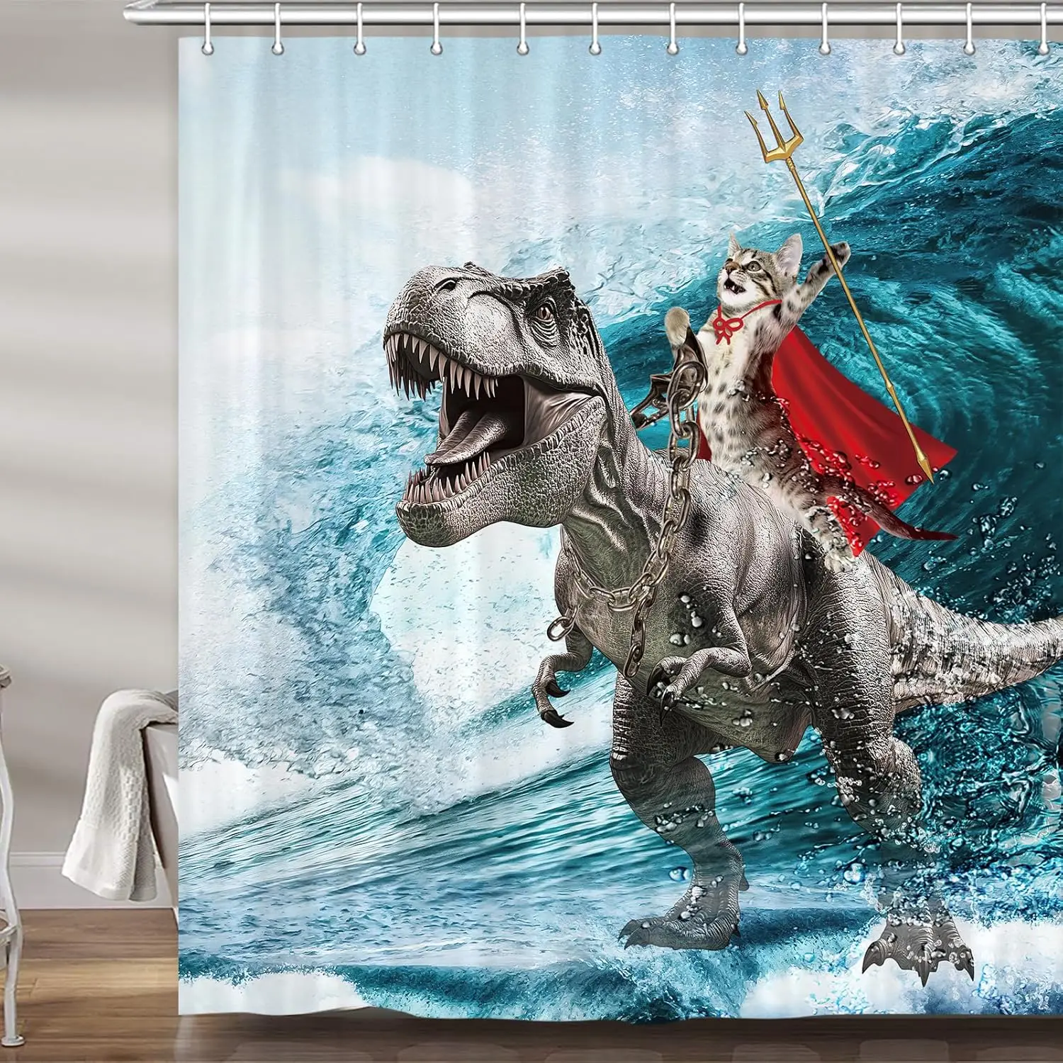 Cat Riding Dinosaur Shower Curtain Funny Ocean Wave Print for Kids Bathroom Decor
Cat Riding Dinosaur Shower Curtain Funny Ocean Wave Print for Kids Bathroom Decor