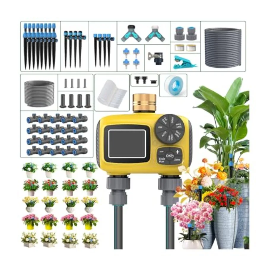 150 FT Drip Irrigation System Kit with Automatic Water Timer 2 Zone Garden Hose Splitter 2 Way New Anti-Leakage Quick Dripper f
150 FT Drip Irrigation System Kit with Automatic Water Timer 2 Zone Garden Hose Splitter 2 Way New Anti-Leakage Quick Dripper f