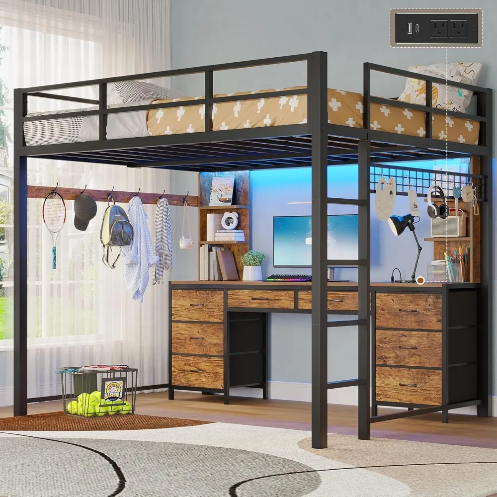 Loft Bed with Desk, Full Metal Loft Bed with 8 Drawers Storage & Charging Station & LED Lights, 4 Open Storage Shelves, Noise-Fr
Loft Bed with Desk, Full Metal Loft Bed with 8 Drawers Storage & Charging Station & LED Lights, 4 Open Storage Shelves, Noise-Fr