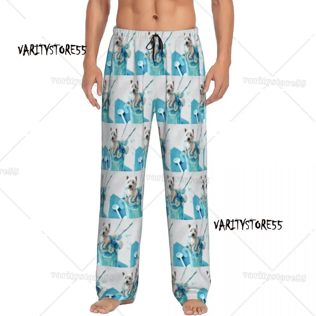 Мужские пижамные штаны Westie Blue Marshmallow Shake на заказ с принтом Вест-хайленд-терьера, одежда для сна для собак, низ с карманами 
Мужские пижамные штаны Westie Blue Marshmallow Shake на заказ с принтом Вест-хайленд-терьера, одежда для сна для собак, низ с карманами