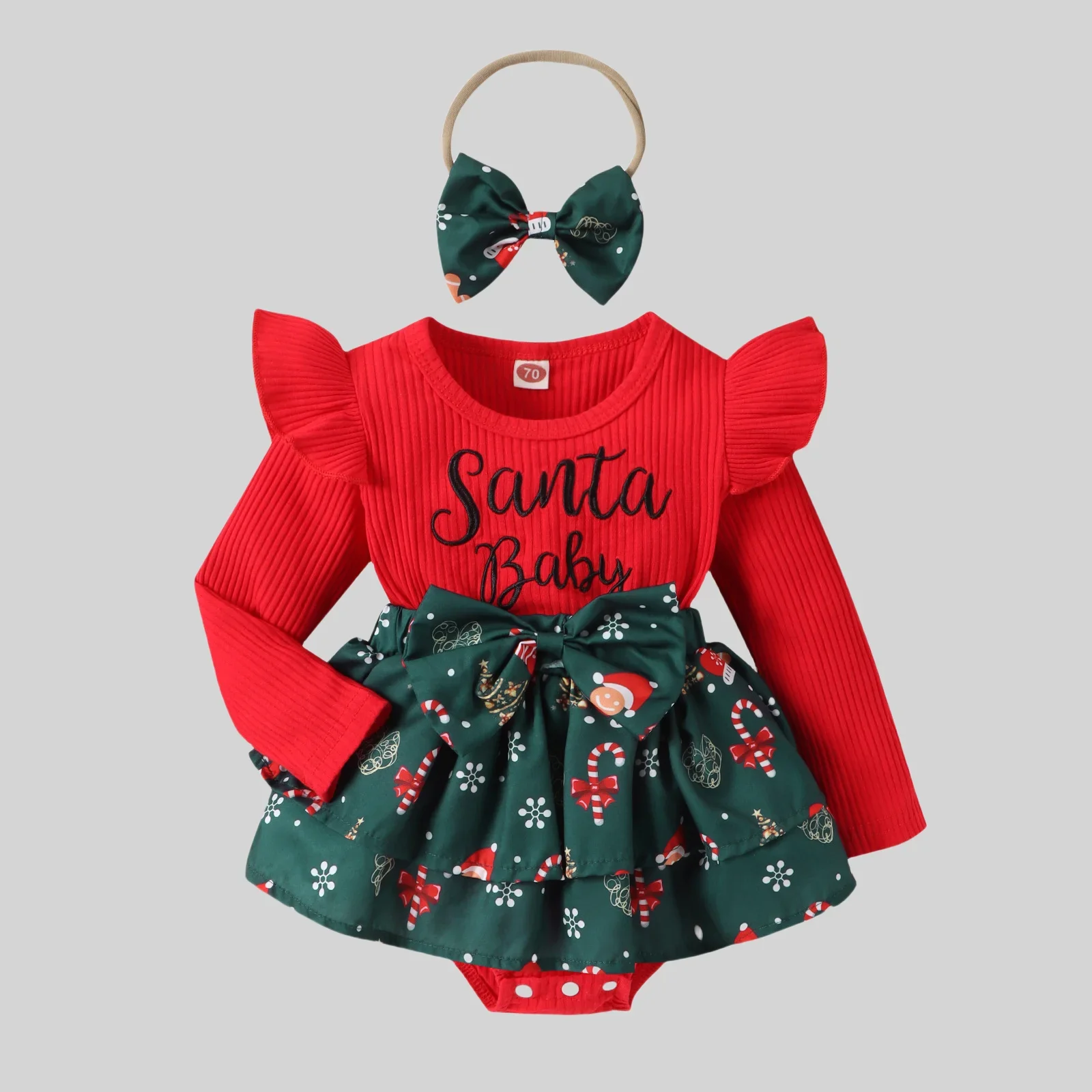 Christmas Baby Romper Set with Bow Skirt & Headband Santa Baby Embroidery Ruffle Sleeve Toddler Outfit for 0-24 Baby Girls
Christmas Baby Romper Set with Bow Skirt & Headband Santa Baby Embroidery Ruffle Sleeve Toddler Outfit for 0-24 Baby Girls