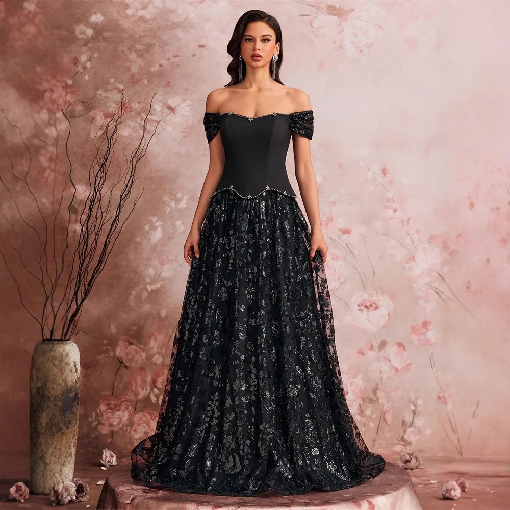 Black Off The Shoulder A Line Maxi Dress Short Puff Sleeve Beaded Corset Peplum Floral Sequin Tulle Prom Evening Gown
Black Off The Shoulder A Line Maxi Dress Short Puff Sleeve Beaded Corset Peplum Floral Sequin Tulle Prom Evening Gown