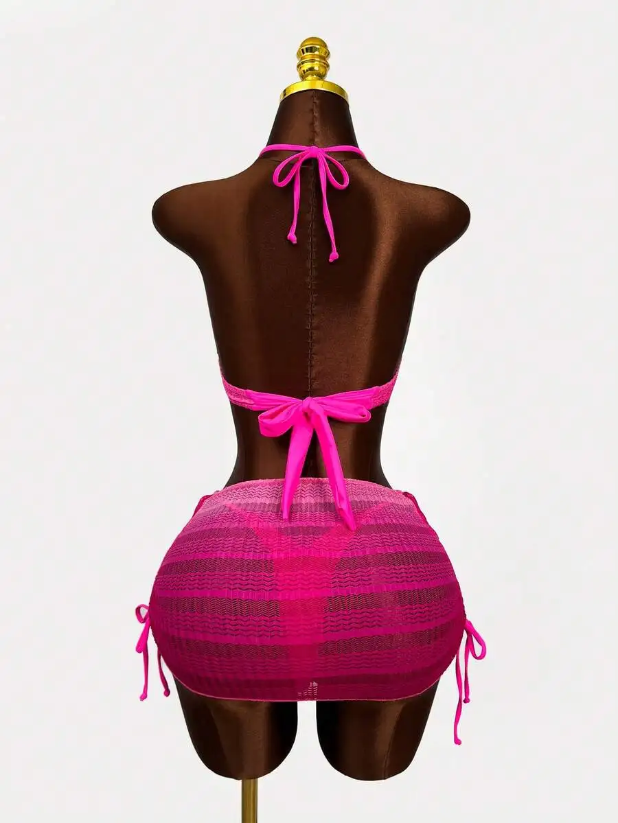 Hot Pink Striped Halter Bikini Set With Skirt And Lace Up Details
Hot Pink Striped Halter Bikini Set With Skirt And Lace Up Details