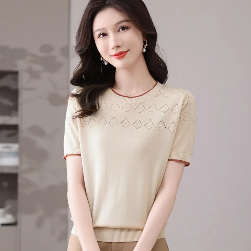 Women's Ice Silk Knit Top Round Neck Short Sleeve Hollow Out Casual Summer Blouse
Women's Ice Silk Knit Top Round Neck Short Sleeve Hollow Out Casual Summer Blouse