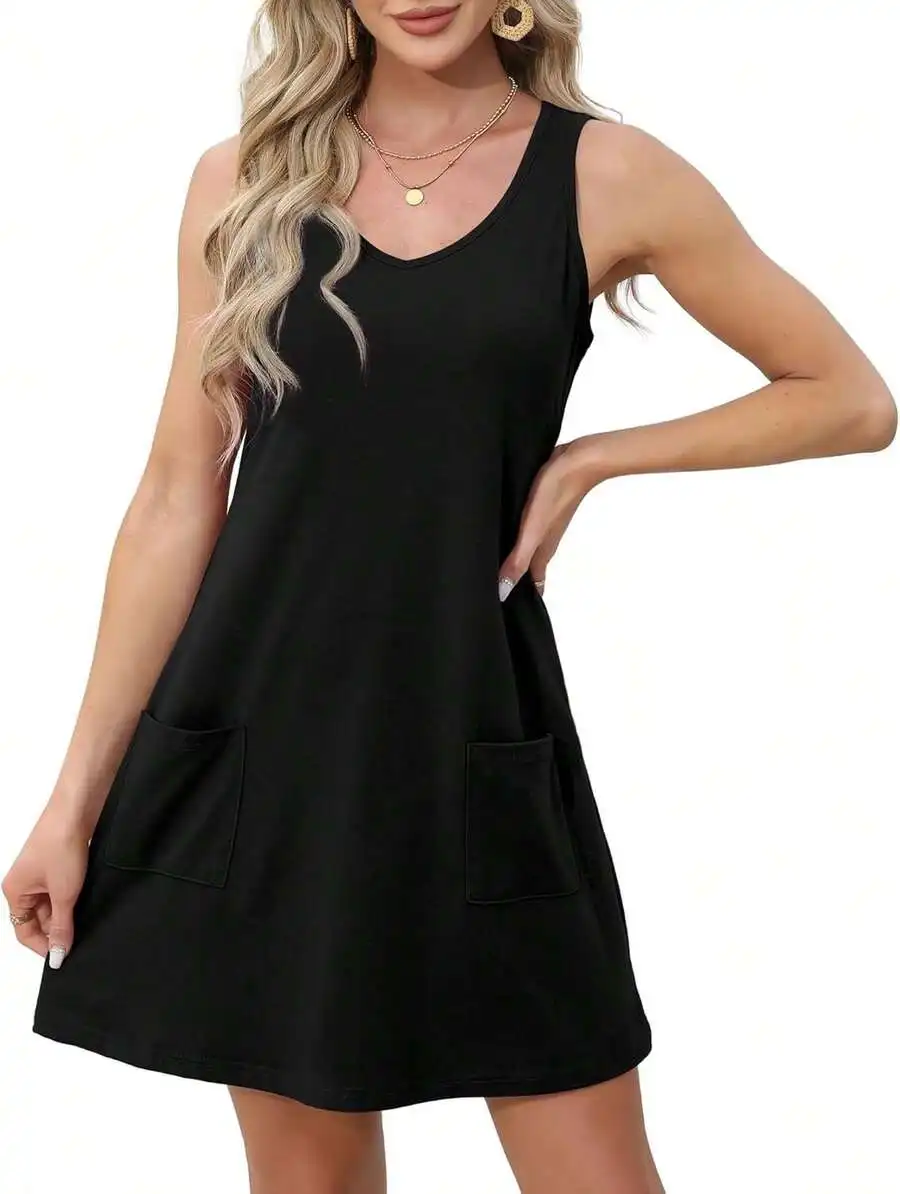 Womens Black Sleeveless A-Line Dress With Pockets Casual Summer Knee Length
Womens Black Sleeveless A-Line Dress With Pockets Casual Summer Knee Length