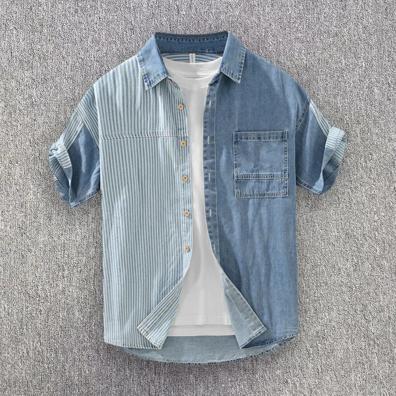 Summer Denim Contrast Shirt For Men Streetwear Casual Loose Vertical Stripe Panel Tops Fashion Workwear Wind Short Sleeve Shirt
Summer Denim Contrast Shirt For Men Streetwear Casual Loose Vertical Stripe Panel Tops Fashion Workwear Wind Short Sleeve Shirt