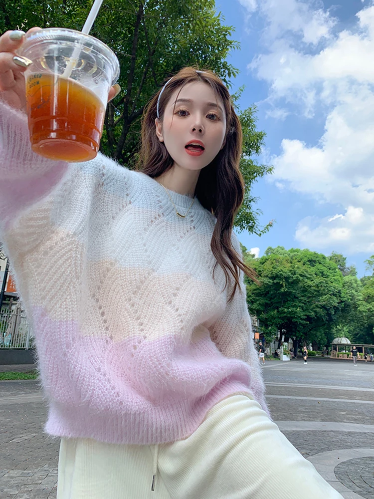 Hollow Out Rainbow Women Striped Sweaters Korean Long Sleeve Sweet Knitted Jumpers Preppy Style Fashion Loose Pullovers
Hollow Out Rainbow Women Striped Sweaters Korean Long Sleeve Sweet Knitted Jumpers Preppy Style Fashion Loose Pullovers