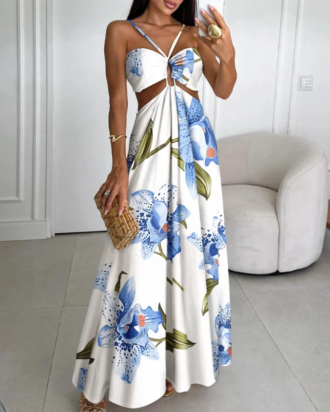 Printed off shoulder sleeveless waist hollow out long skirt, sexy backless A-line dress, new women's clothing for summer 2025
Printed off shoulder sleeveless waist hollow out long skirt, sexy backless A-line dress, new women's clothing for summer 2025