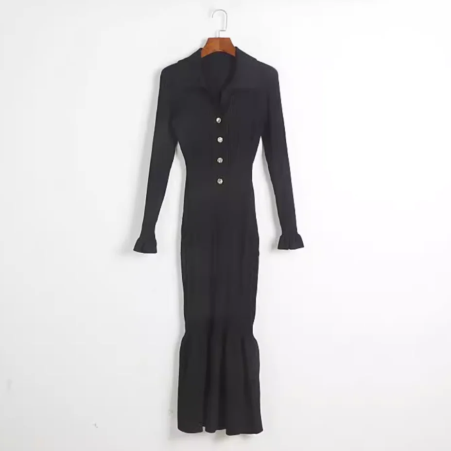 Lady Fall Winter Turn-down Collar Flared Long Sleeve Stitching Slim Fitted Women Single-breasted Knits Long Solid Dress 5240209
Lady Fall Winter Turn-down Collar Flared Long Sleeve Stitching Slim Fitted Women Single-breasted Knits Long Solid Dress 5240209