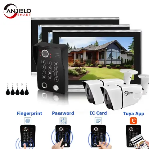 ANJIELOFingerprint 5in1 Unlock Doorbell Video Intercom Home Touch Screen Video Doorphone 1080P Tuya Security Protection 3Monitor