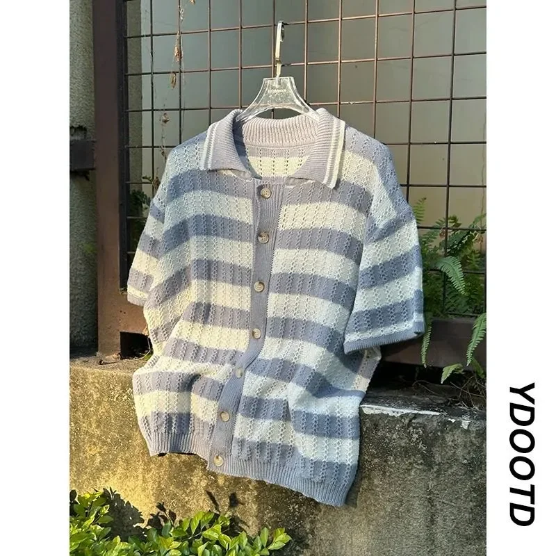 Women's Blue & White Striped Knit Polo Shirt Short Sleeve Hollow Out Button Down Oversized Casual Top
Women's Blue & White Striped Knit Polo Shirt Short Sleeve Hollow Out Button Down Oversized Casual Top