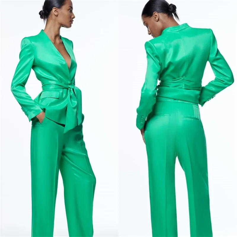 Simple Silk Satin Women Suits Office Set 2 Piece Blazer With Belt + Pants Single Breasted Formal Prom Evening Dress Custom Made
Simple Silk Satin Women Suits Office Set 2 Piece Blazer With Belt + Pants Single Breasted Formal Prom Evening Dress Custom Made